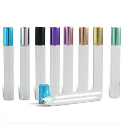 Travel portable 10ml clear glass rainbow aluminum cap roller bottle essential oil use