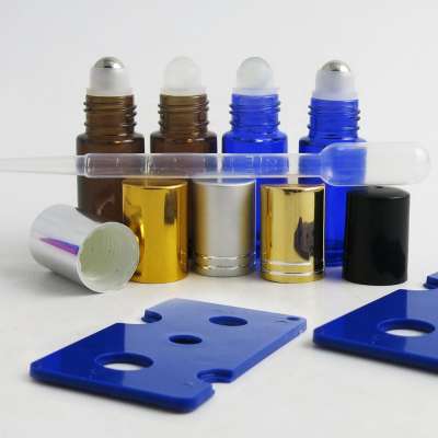 New design blue amber glass of empty  metal roll on bottle for perfume